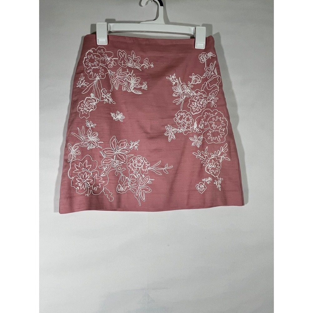 Loft Floral Embroidered A-Line Mini Skirt Women 2 Pink Cotton Blend Lined Preppy